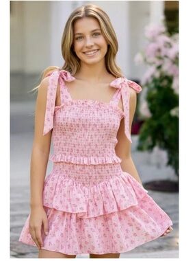 Katie J NYC Emerson Ditsy Floral Smocked Tiered Ruffle Mini Dress Pink Small